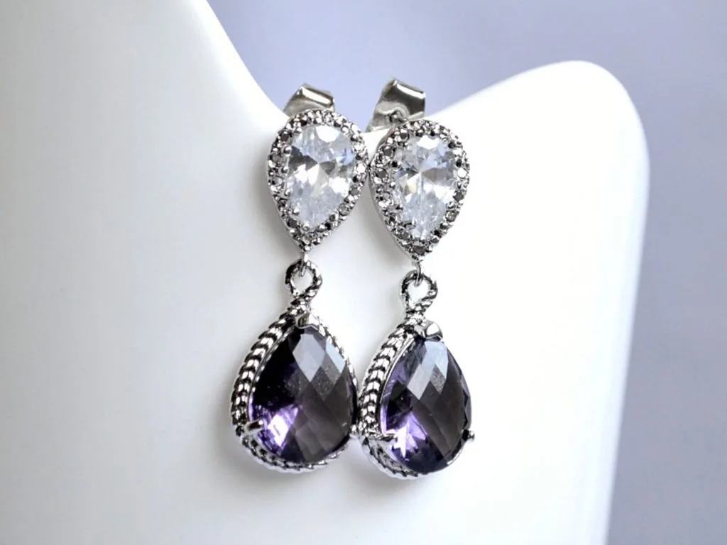 Cercei placaţi cu rodiu şi cristale zirconiu cubic ametist