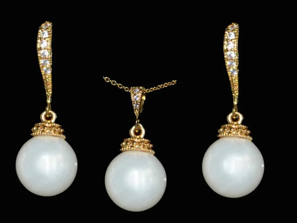 Set- cercei și colier placat cu aur, cristale zirconiu cubic și perle din sidef