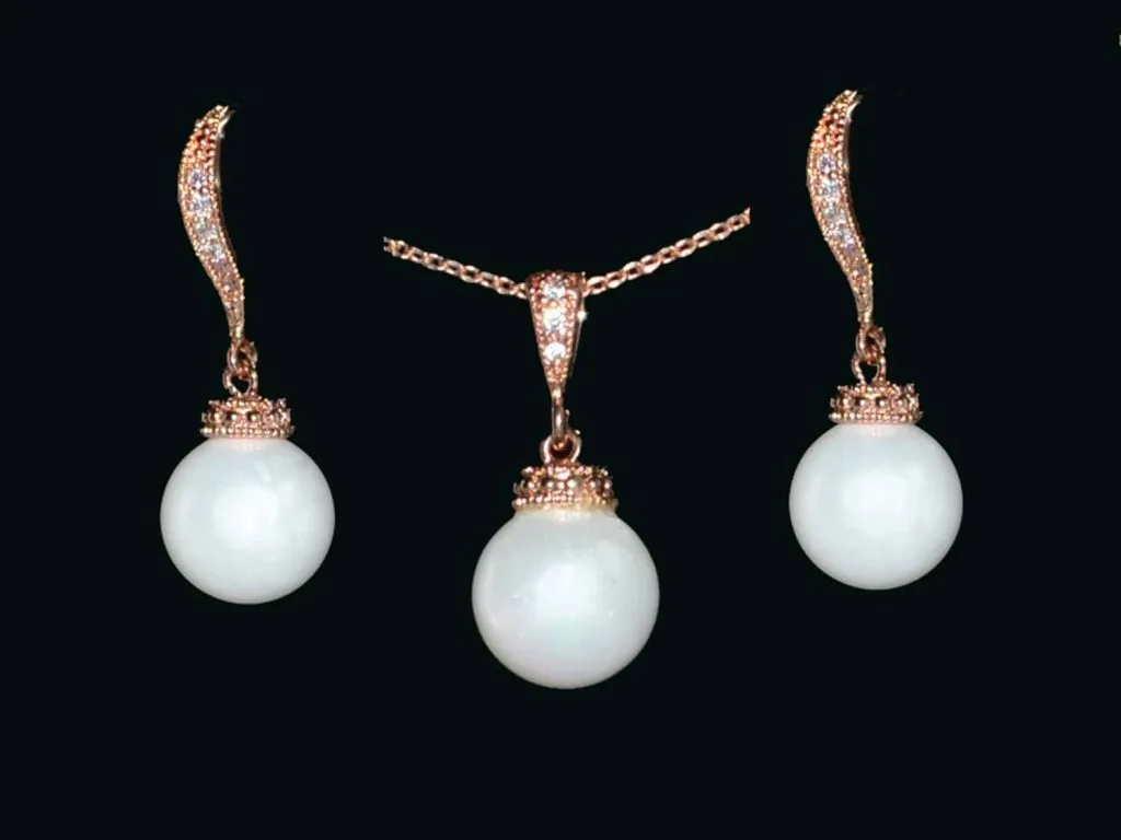 Set- cercei și colier placat cu aur roz, cristale și perle din sidef