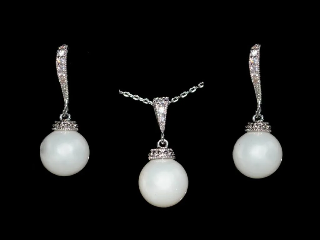 Set- cercei și colier placat cu rodiu, cristale și perle din sidef