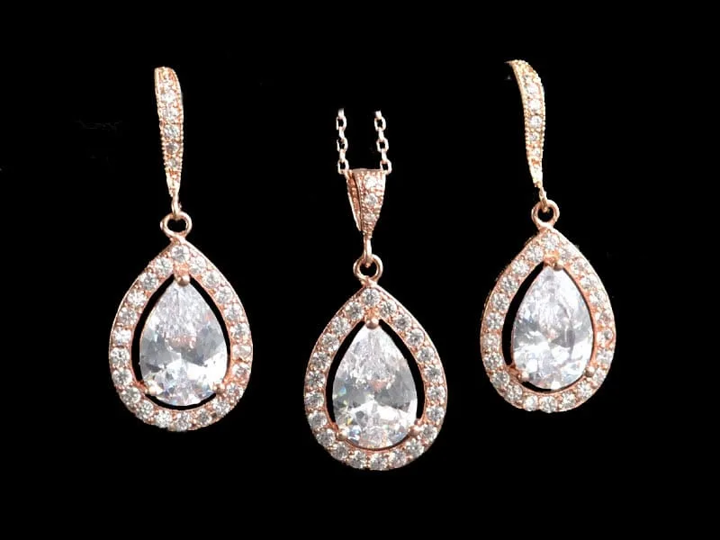 Set - cercei și colier placat cu aur roz şi cristale cubic zirconia